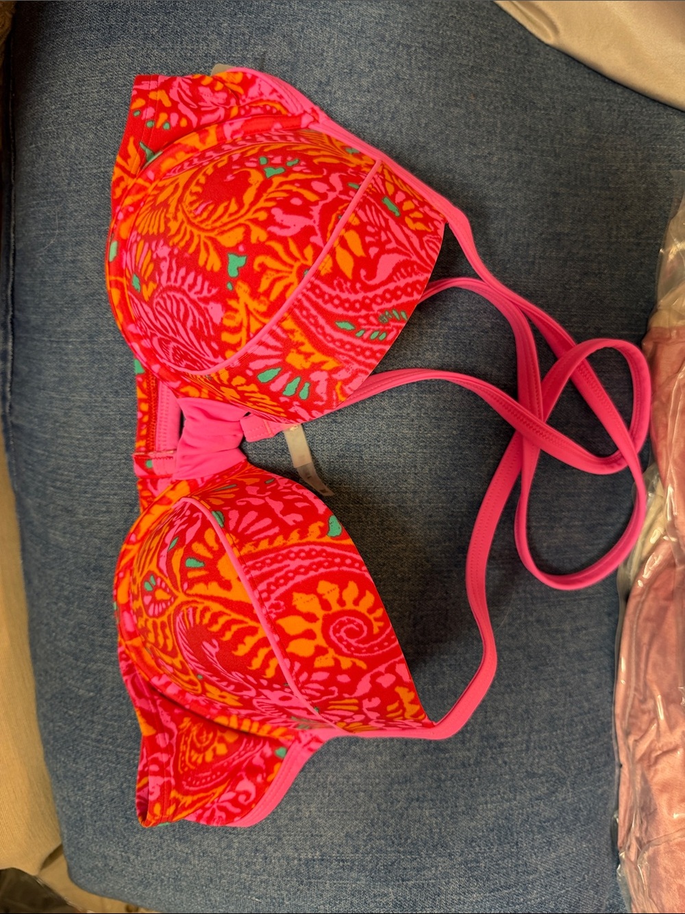 NWT aerie Pink & Orange Printed Bikini Top